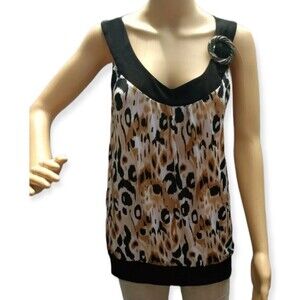 Essentials Shirt Leopard Print Sleeveless Contrasting Trim Size M Retro 80s